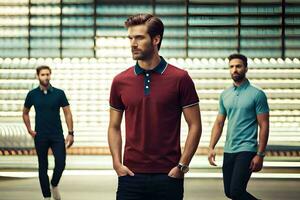 three men in polo shirts standing in a room. AI-Generated photo