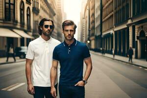 two men in polo shirts standing on a city street. AI-Generated photo