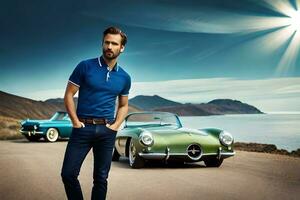 a man in a blue shirt standing next to two classic cars. AI-Generated photo