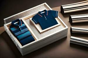 a blue polo shirt and striped shirt in a box. AI-Generated photo