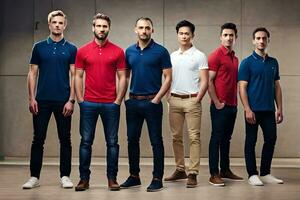 seis hombres en diferente colores de polo camisas generado por ai foto