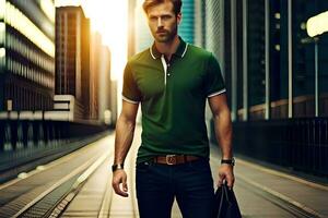 a man in a green polo shirt and jeans walking down a city street. AI-Generated photo