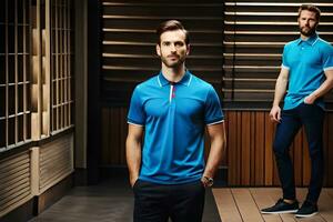 two men in blue polo shirts standing next to each other. AI-Generated photo