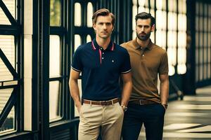 two men in polo shirts standing in an alleyway. AI-Generated photo