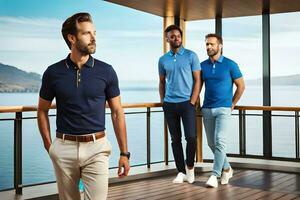 three men in blue polos standing on a balcony. AI-Generated photo