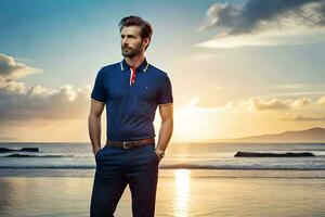 a man in a blue polo shirt standing on the beach. AI-Generated photo