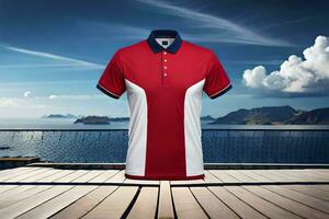 a red and white polo shirt on a wooden deck. AI-Generated photo