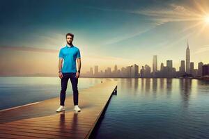 man standing on a dock with city skyline in background. AI-Generated photo