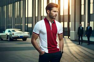 a man in a red and white polo shirt standing in front of a car. AI-Generated photo