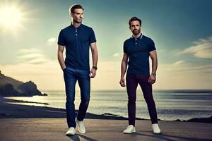 two men in blue polo shirts standing on a beach. AI-Generated photo