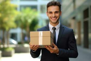 Smiling business man with box in warehouse. Generative IA photo