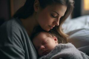 madre o padre con recién nacido bebé en hospital. generativo ai. foto