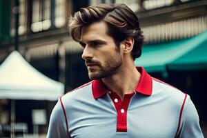 un hombre en un rojo y blanco polo camisa. generado por ai foto