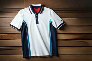 a white polo shirt with blue and red stripes. AI-Generated photo