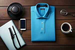 a blue polo shirt, coffee cup, and other items on a wooden table. AI-Generated photo