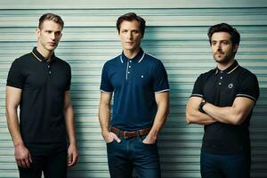 three men in black polo shirts standing next to each other. AI-Generated photo