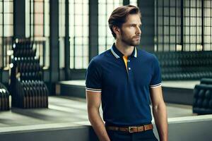 a man in a blue polo shirt and brown belt. AI-Generated photo