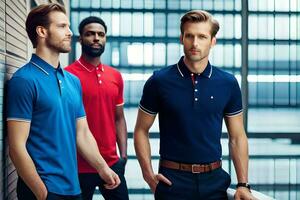 three men in blue, red and black polo shirts. AI-Generated photo