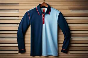 a blue and red polo shirt hanging on a wooden wall. AI-Generated photo