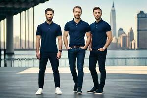 three men in blue polo shirts standing on a dock. AI-Generated photo