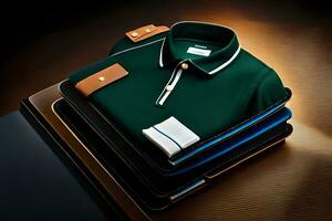 a green polo shirt and a wallet on a table. AI-Generated photo