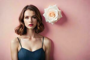 hermosa mujer con Rosa en rosado antecedentes. generado por ai foto