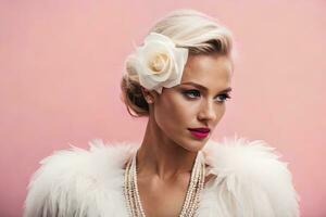 a woman wearing a white fur coat and pearl necklace. AI-Generated photo