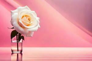 a single white rose in a glass vase on a pink background. AI-Generated photo