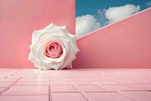 a white rose sits on a pink floor. AI-Generated photo