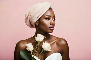 hermosa africano mujer con blanco rosas en rosado antecedentes. generado por ai foto