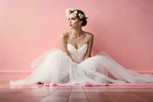 a woman in a wedding dress sitting on the floor. AI-Generated photo