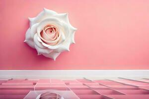 un rosado habitación con un blanco Rosa en el pared. generado por ai foto
