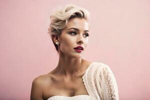 a beautiful blonde woman with short hair and pink lipstick. AI-Generated photo