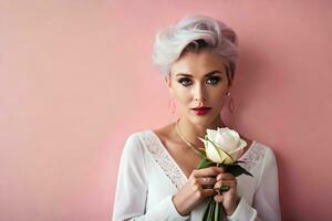 a woman with white hair holding a rose. AI-Generated photo