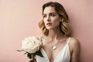 a woman in a white dress holding a rose. AI-Generated photo