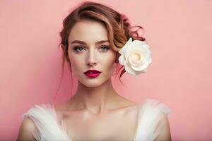 beautiful woman with white rose on pink background. AI-Generated photo