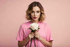 un mujer en un rosado camisa participación un blanco Rosa. generado por ai foto