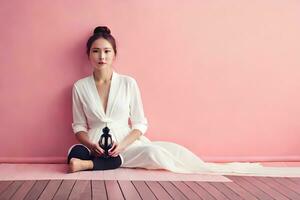 a woman sitting on the floor with a yoga mat. AI-Generated photo