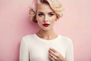 beautiful blonde woman with pink hair and red lipstick. AI-Generated photo