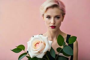 a woman with pink hair holding a rose. AI-Generated photo