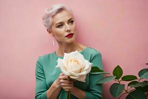 un mujer con un Rosa en su mano. generado por ai foto