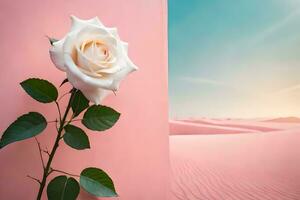 a single rose is standing in front of a pink wall. AI-Generated photo