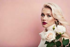hermosa rubia mujer con blanco rosas en rosado antecedentes. generado por ai foto