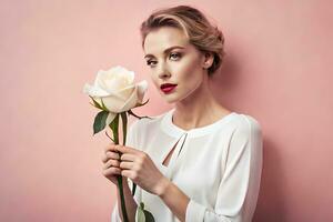 hermosa mujer con blanco Rosa en rosado antecedentes. generado por ai foto