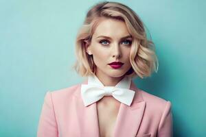 a beautiful blonde woman in a pink suit and bow tie. AI-Generated photo