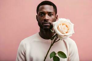 un hombre participación un Rosa en frente de un rosado antecedentes. generado por ai foto