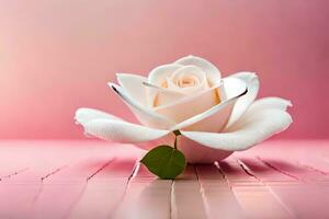 un blanco Rosa sentado en parte superior de un rosado antecedentes. generado por ai foto