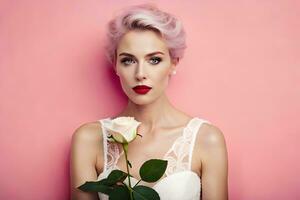 hermosa mujer con rosado pelo y rojo labios participación un Rosa. generado por ai foto