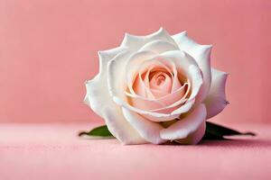 a single white rose on a pink background. AI-Generated photo