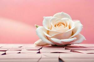 a single white rose sits on a pink background. AI-Generated photo